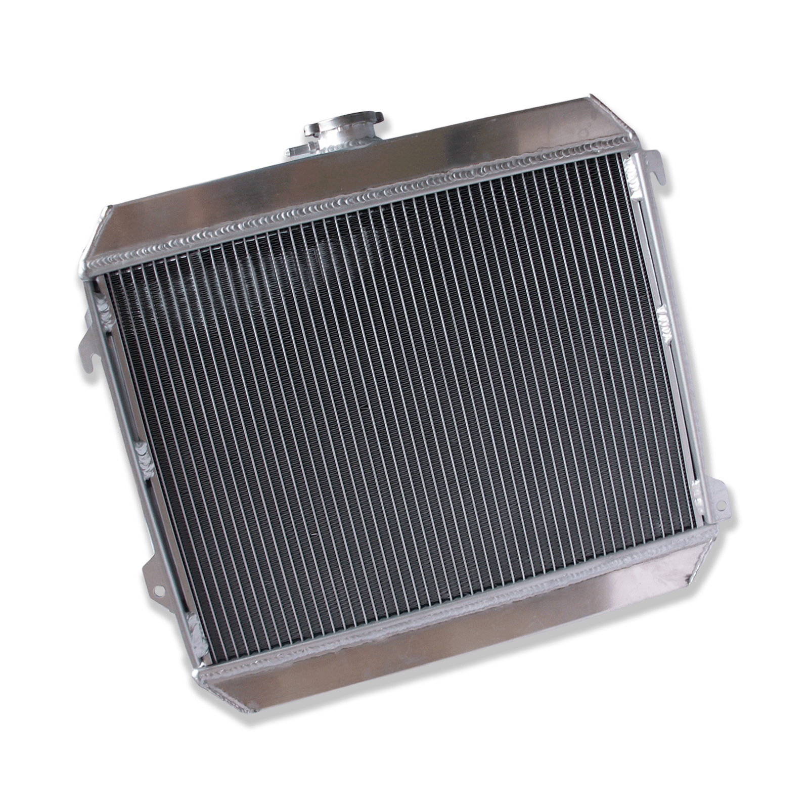 Left side profile of the all-aluminum radiator for the Datsun 510 and 620 pickup, highlighting the TIG-welded end tanks.