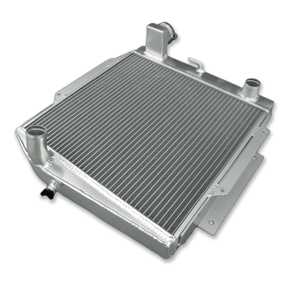 Left side profile of the all-aluminum radiator for the classic Datsun SRL311 Roadster, highlighting the robust TIG-welded tank.