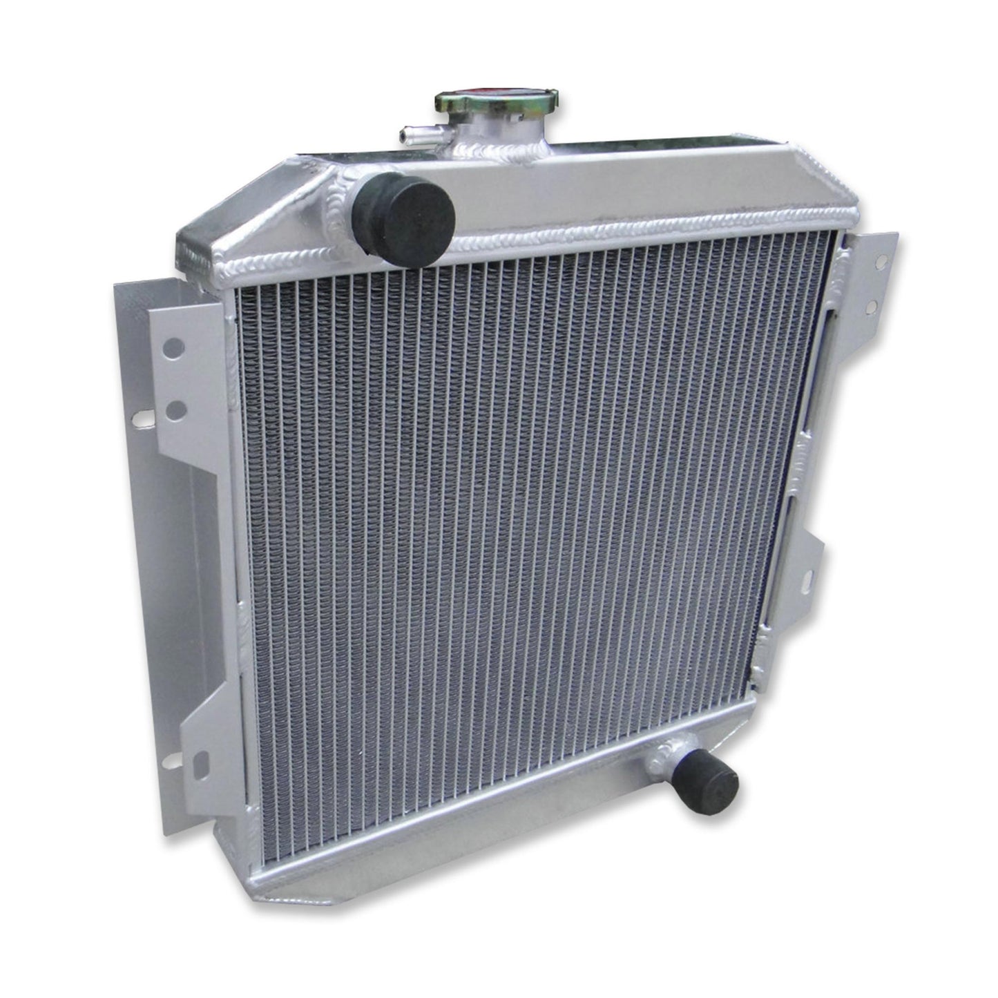Left side profile of the all-aluminum radiator for the Ford Capri, part of a complete cooling kit with fan and shroud.