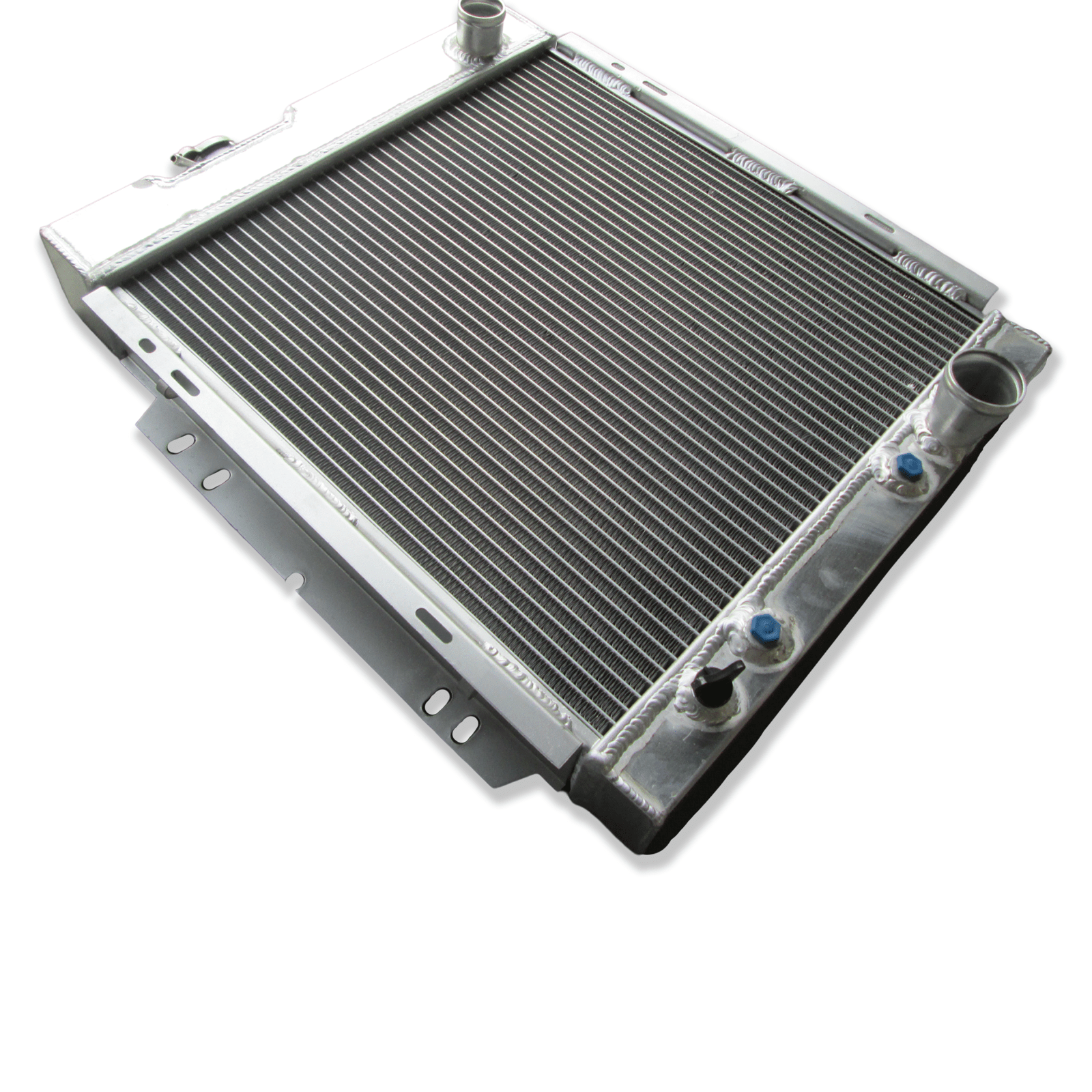 Left side profile of the heavy-duty 3-row radiator for the classic Ford Mustang and Falcon, highlighting the robust TIG-welded tank construction.