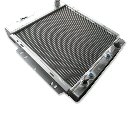 Left side profile of the heavy-duty 3-row radiator for the classic Ford Mustang and Falcon, highlighting the robust TIG-welded tank construction.