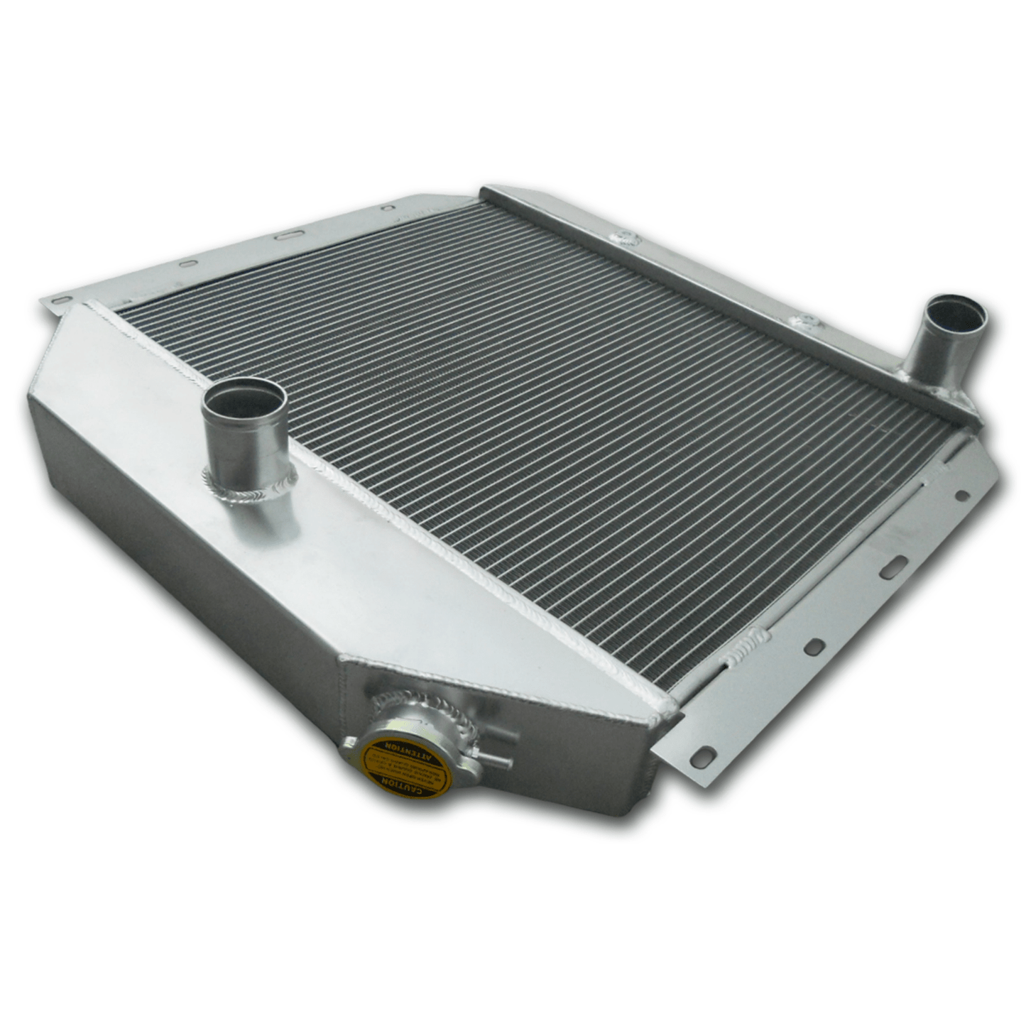 Left side profile of the all-aluminum radiator for International Harvester L/R/S-Series trucks, highlighting the robust TIG-welded tank construction.