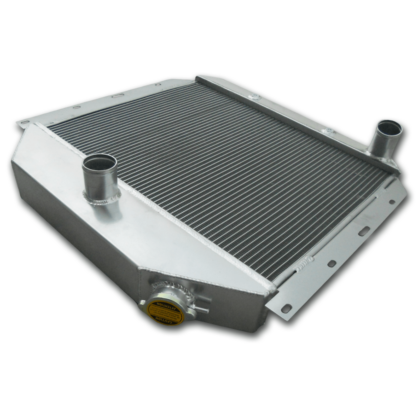 Left side profile of the all-aluminum radiator for International Harvester L/R/S-Series trucks, highlighting the robust TIG-welded tank construction.