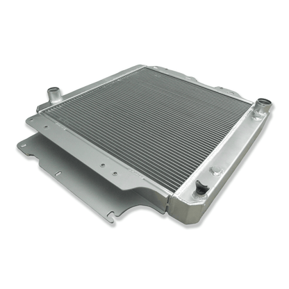Left side profile of the all-aluminum radiator for a Jeep Wrangler YJ/TJ with a Chevy V8 swap, highlighting the robust TIG-welded tanks.