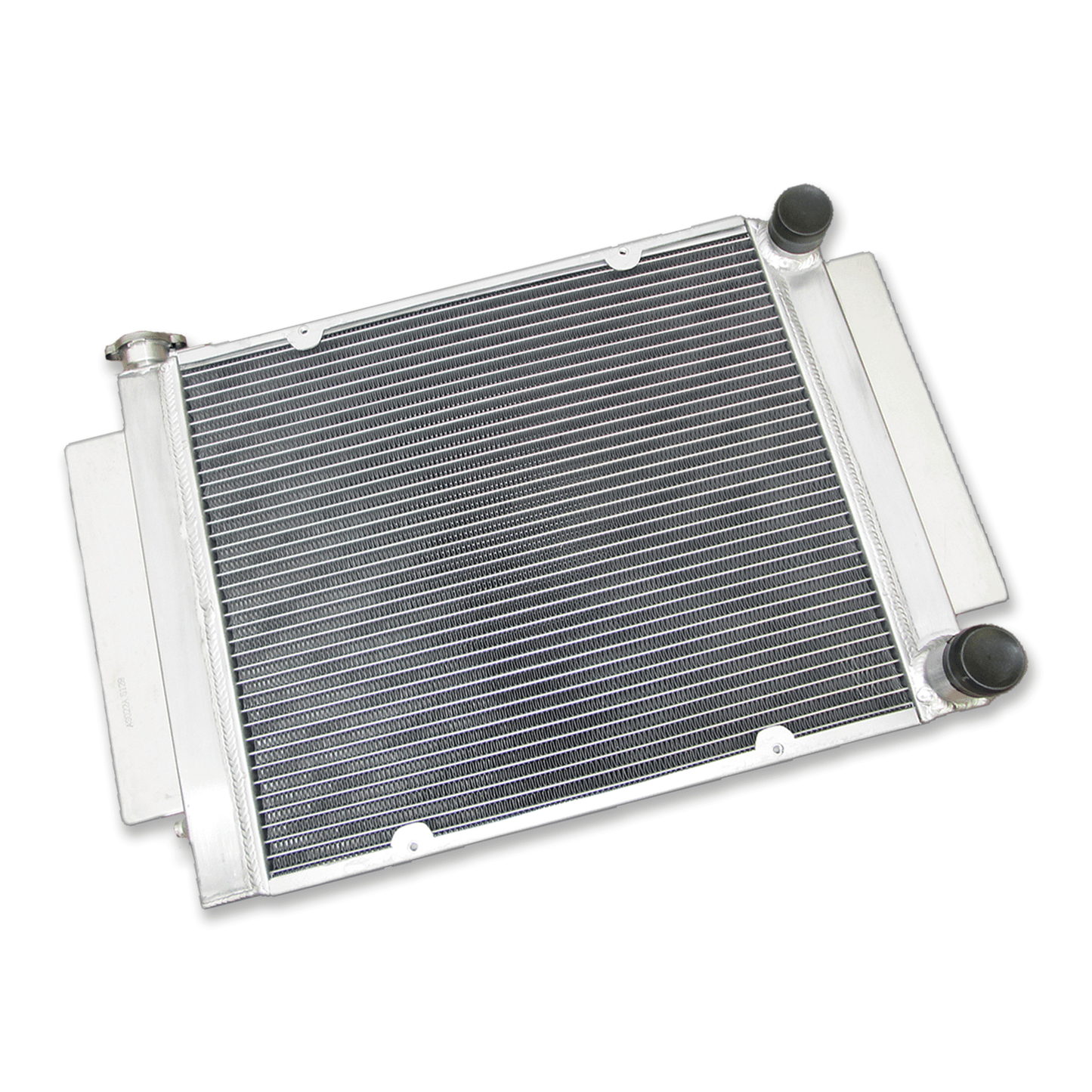 Left side profile of the TIG-welded aluminum race radiator for Mazda RX3 and RX4, highlighting the lightweight, durable construction for track and street performance.
