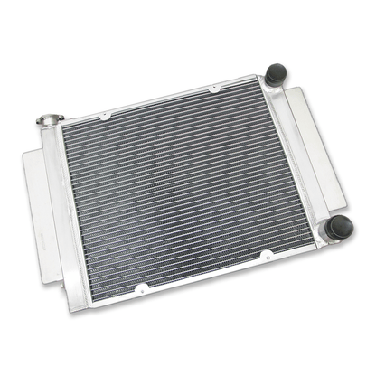 Left side profile of the TIG-welded aluminum race radiator for Mazda RX3 and RX4, highlighting the lightweight, durable construction for track and street performance.