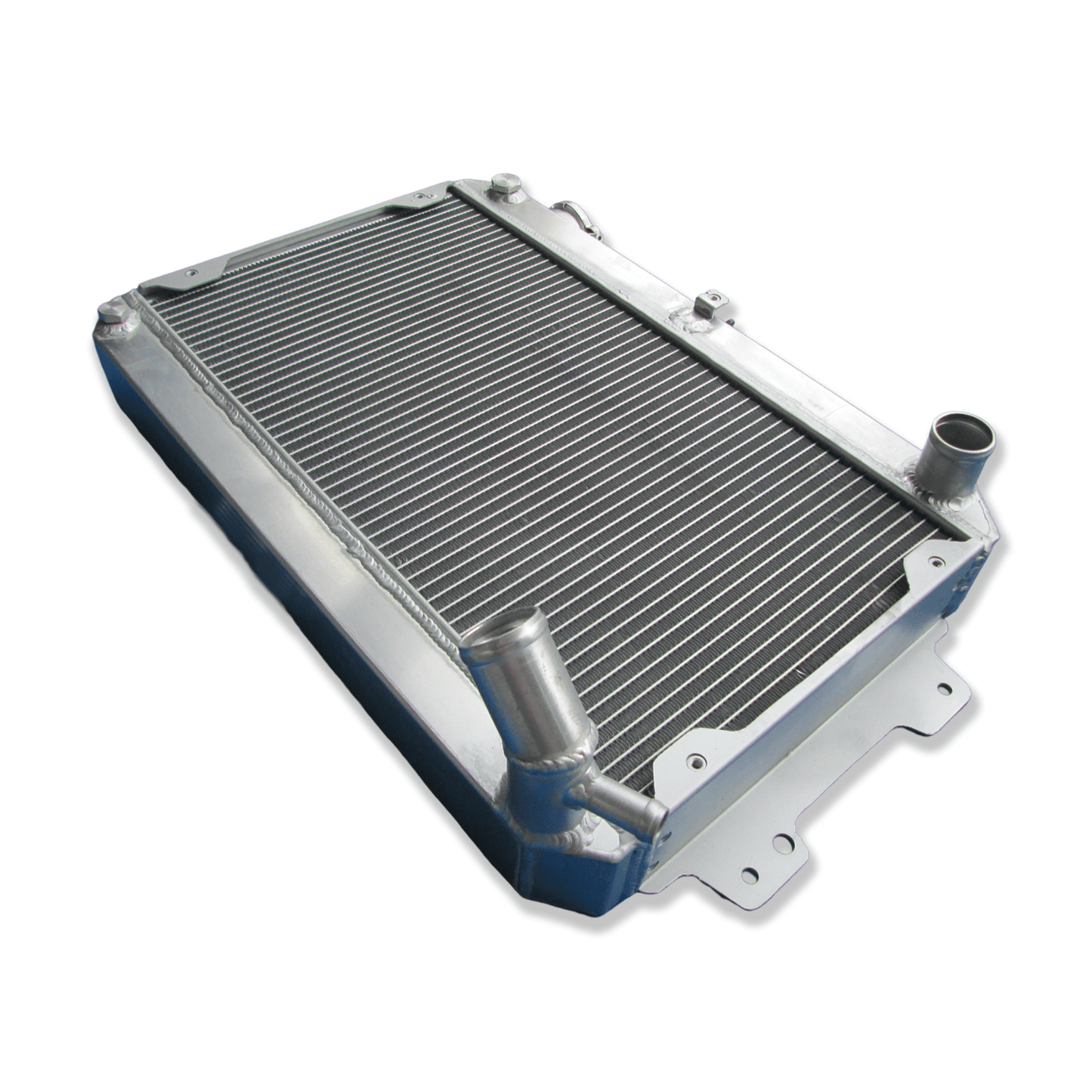 Left side profile of the all-aluminum radiator for the 12A/13B rotary engine, highlighting the robust TIG-welded end tanks for superior cooling.