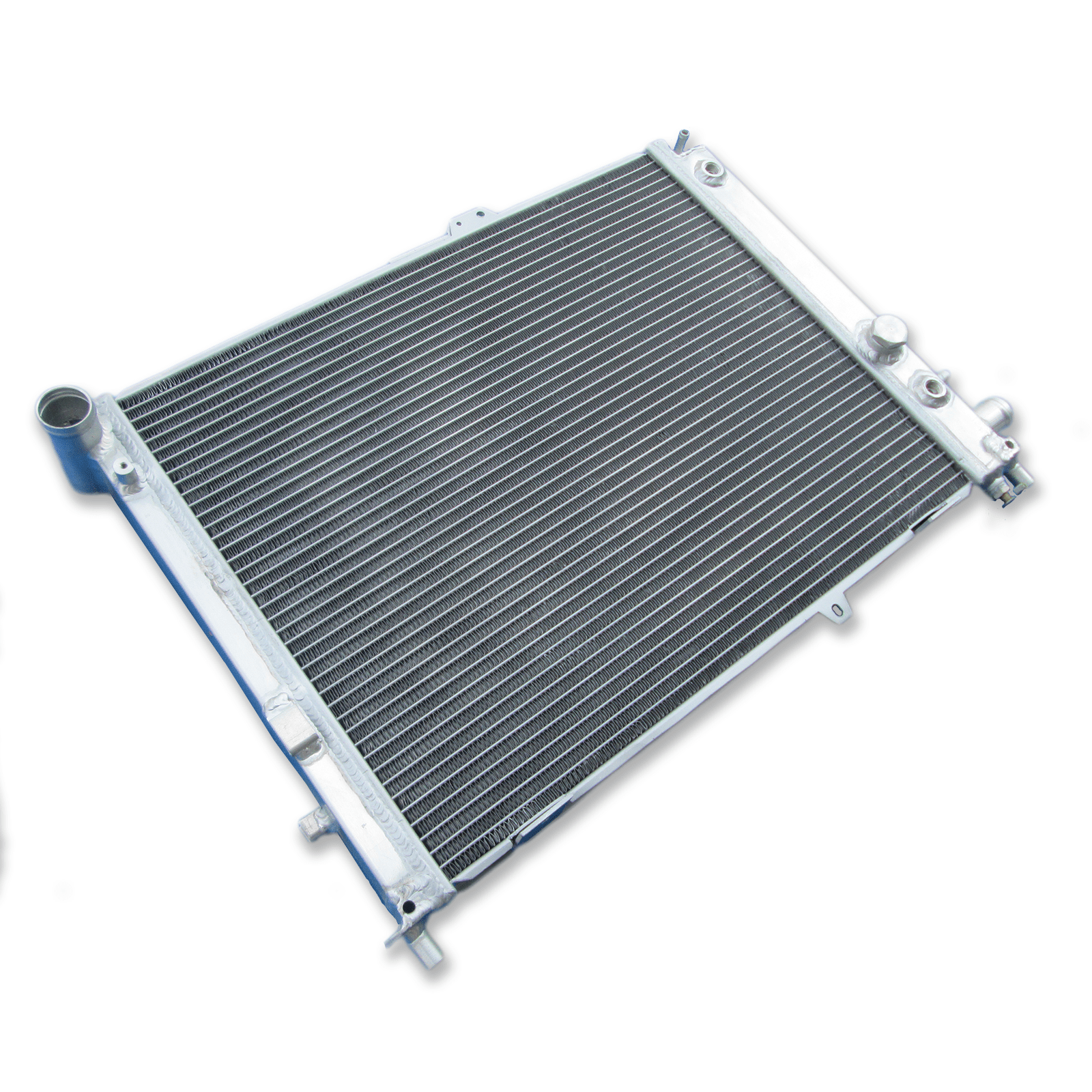 Left side profile of the all-aluminum radiator for the SAAB 9000, highlighting the robust TIG-welded end tanks for improved durability.
