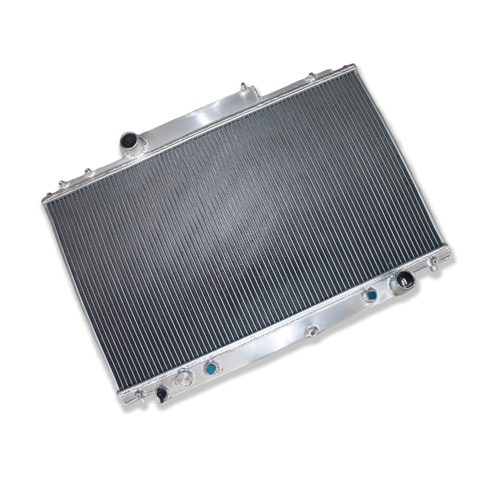 Left side profile of the all-aluminum radiator for the Toyota Soarer UZZ30/31/32, highlighting the robust TIG-welded end tanks.