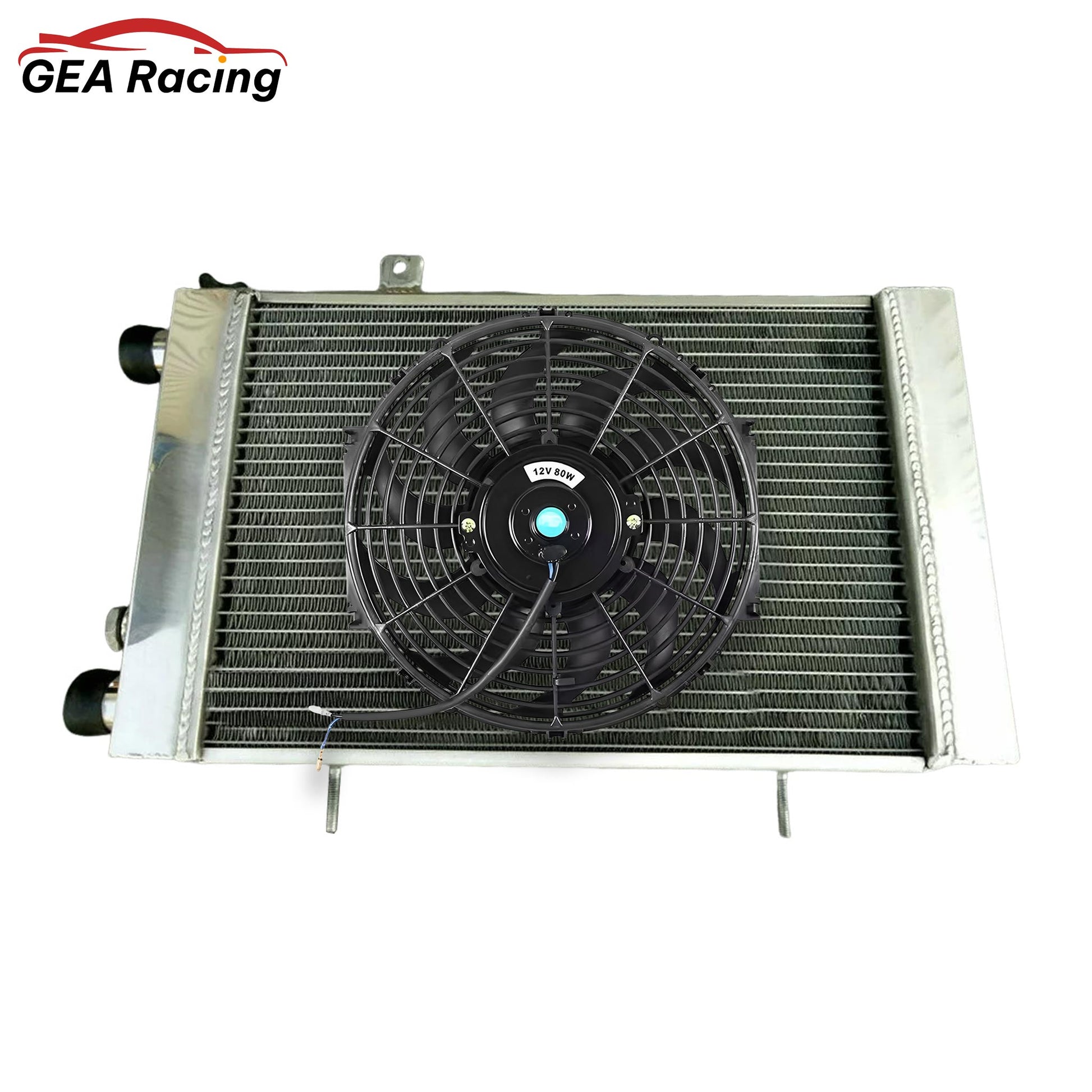 3-row aluminum radiator for Lotus Europa shown with a compatible high-performance electric fan and shroud kit.