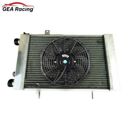 3-row aluminum radiator for Lotus Europa shown with a compatible high-performance electric fan and shroud kit.
