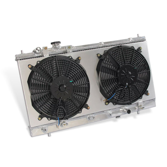 Aluminum radiator fan shroud 2-row left side view Mazda Protege (1999-2003) OEM Mounts
