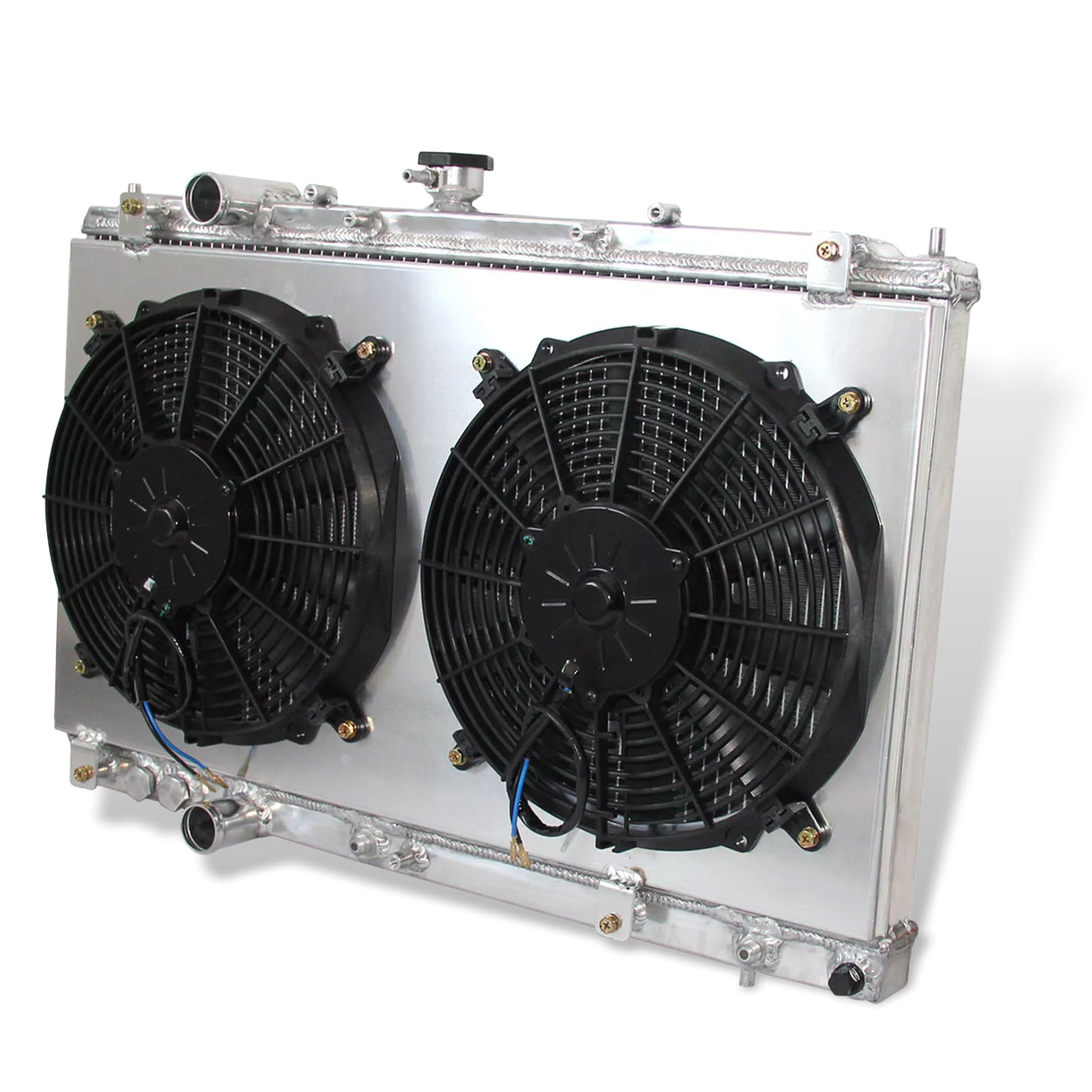 Aluminum radiator fan shroud 2-row right side view Mitsubishi Mirage (1997-2002) OEM Mounts