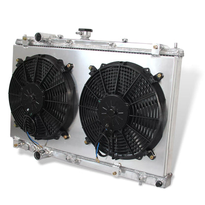 Aluminum radiator fan shroud 2-row right side view Mitsubishi Mirage (1997-2002) OEM Mounts