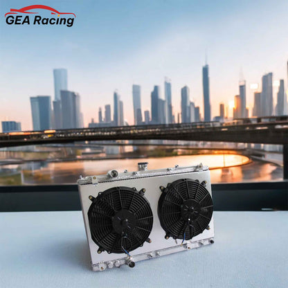 Aluminum radiator fan shroud 2-row scenario view Mitsubishi Mirage (1997-2002) Pressure Tested