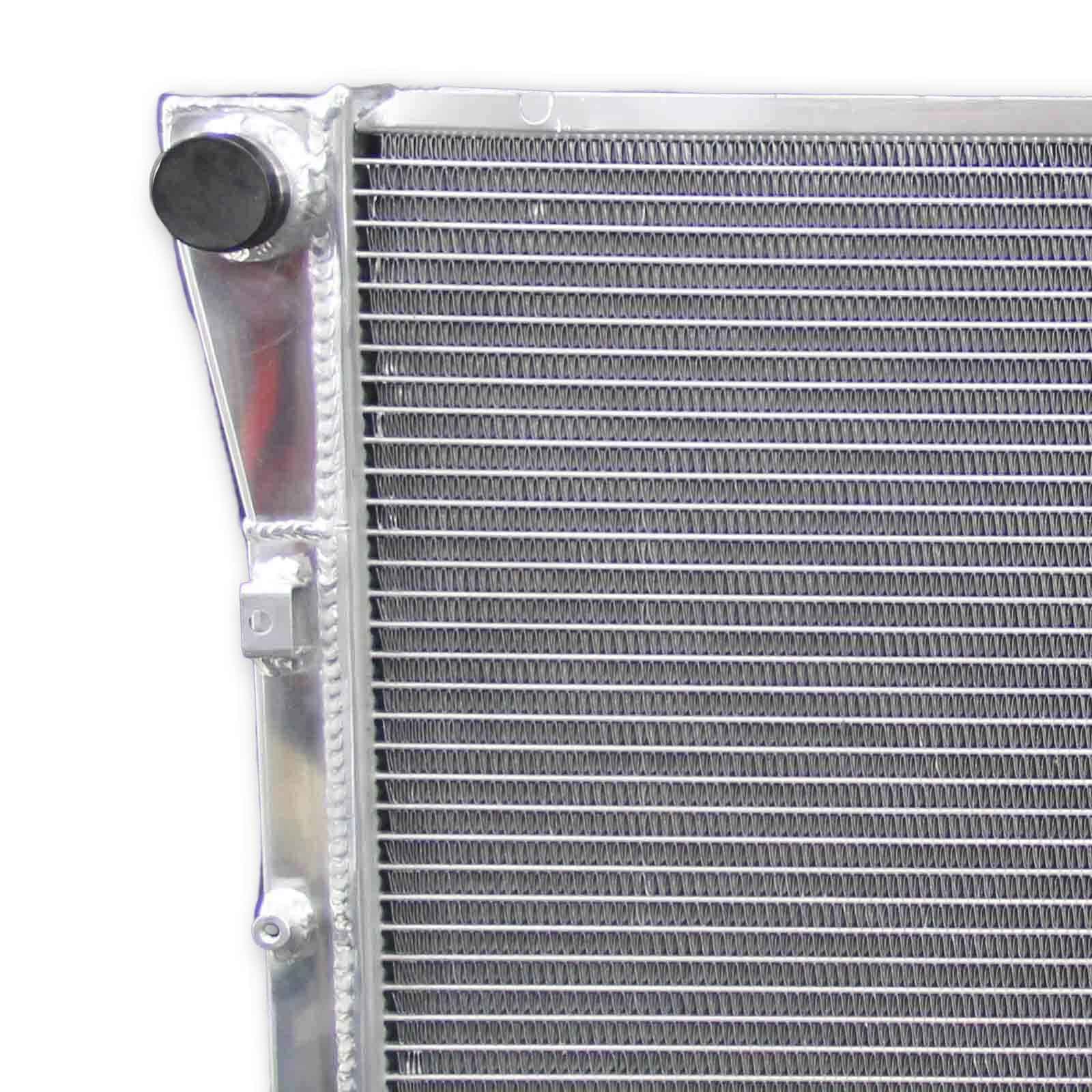 Close-up detail shot of the TIG-welded seams and high-pressure radiator cap on the 3-row performance radiator for the 1994-1996 Chevy Impala.