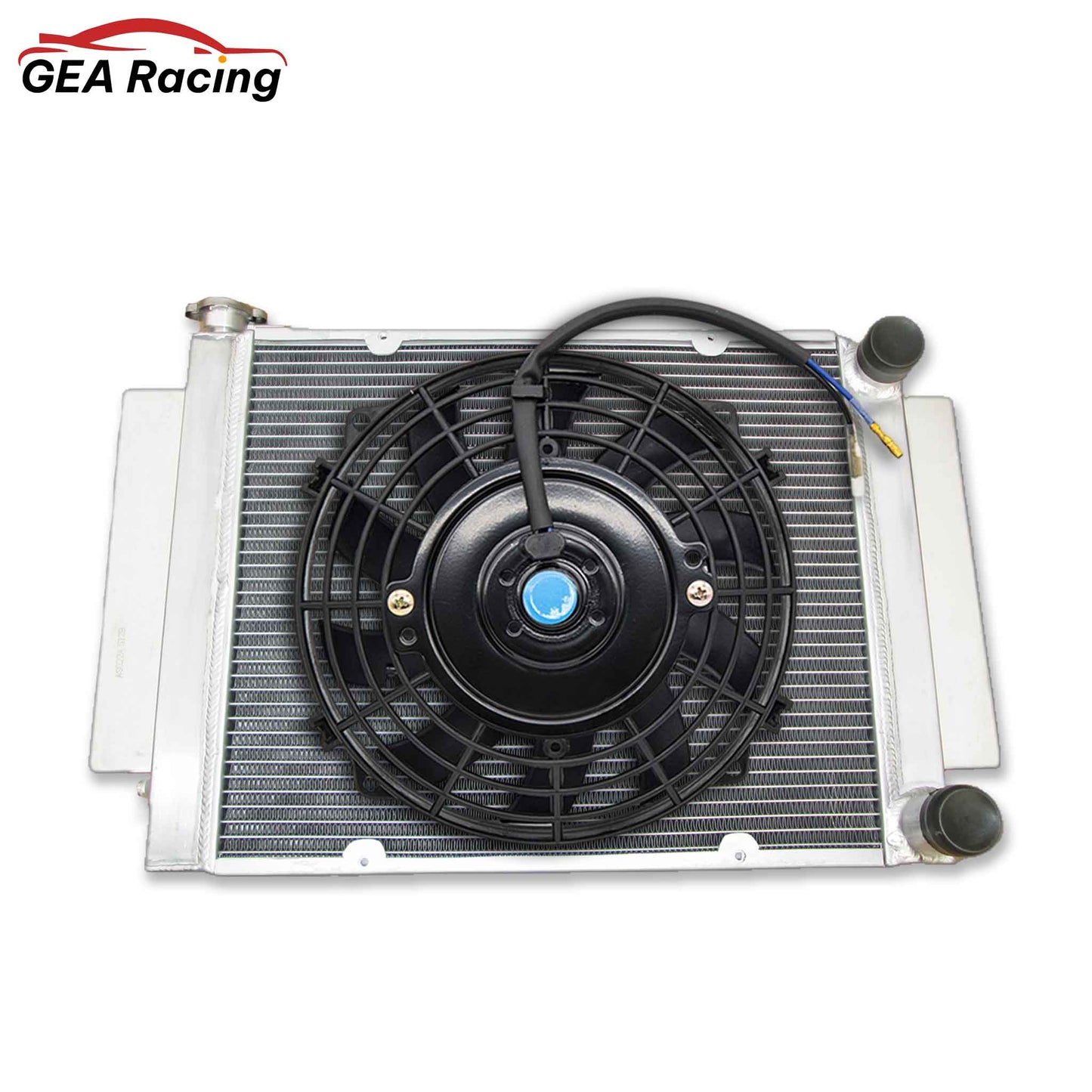 Complete aluminum race radiator and fan shroud kit for Mazda RX2/RX3/RX4, providing maximum, consistent cooling for high-output rotary engines without a heater system.