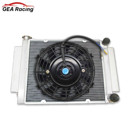 Complete aluminum race radiator and fan shroud kit for Mazda RX2/RX3/RX4, providing maximum, consistent cooling for high-output rotary engines without a heater system.