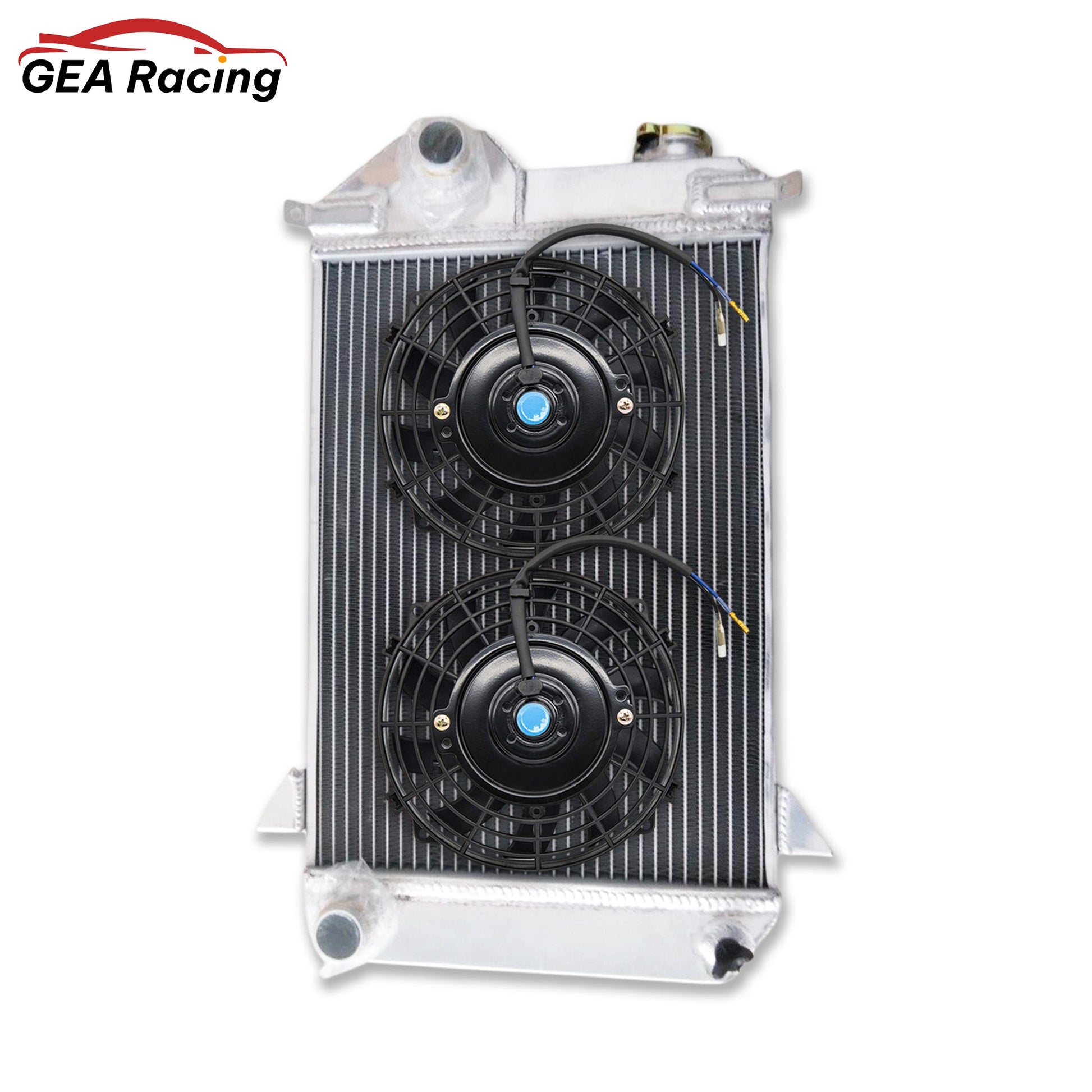 Complete cooling system: 3-row aluminum radiator with a high-CFM electric fan for a 1961-1965 Triumph TR4.