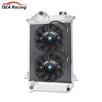 Complete cooling system: 3-row aluminum radiator with a high-CFM electric fan for a 1961-1965 Triumph TR4.