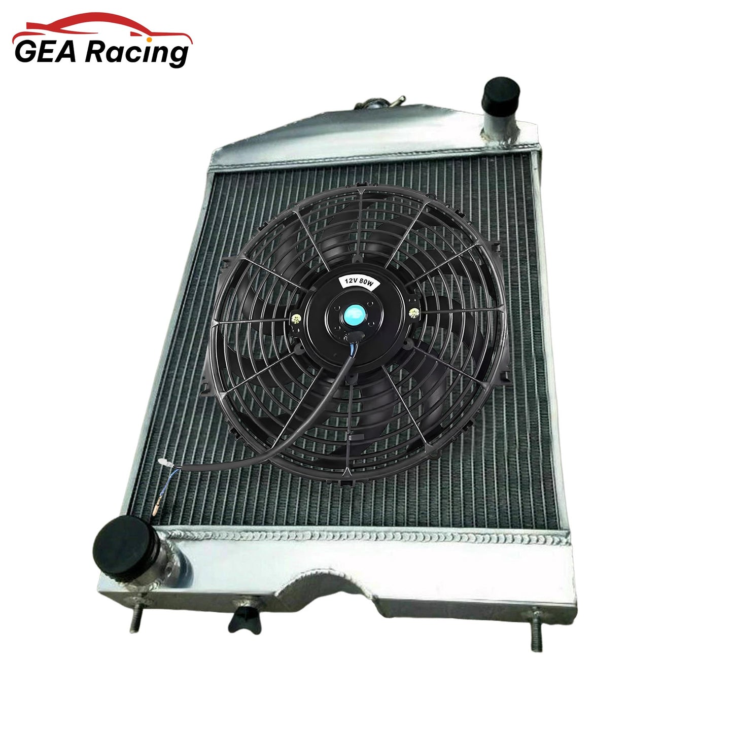 Complete cooling system: aluminum radiator with a high-CFM electric fan for a Ford N-Series tractor V8 conversion.