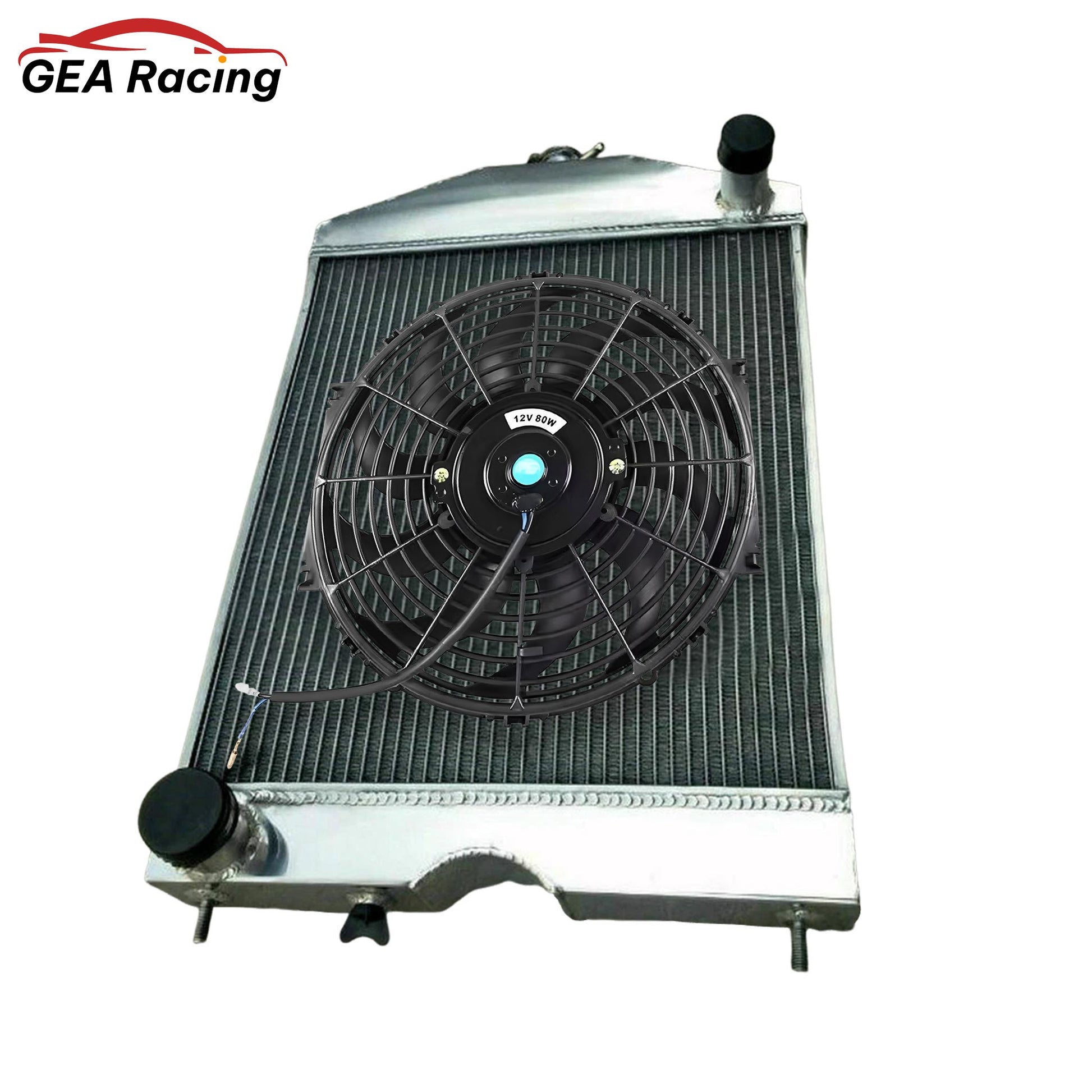Complete cooling system: aluminum radiator with a high-CFM electric fan for a Ford N-Series tractor V8 conversion.