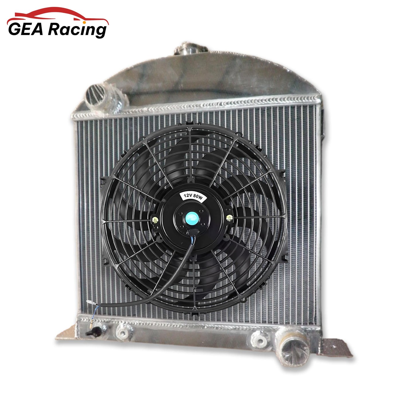 Complete cooling system: 3-row radiator with a high-CFM fan for a chopped Ford Model A with a Chevy engine swap.