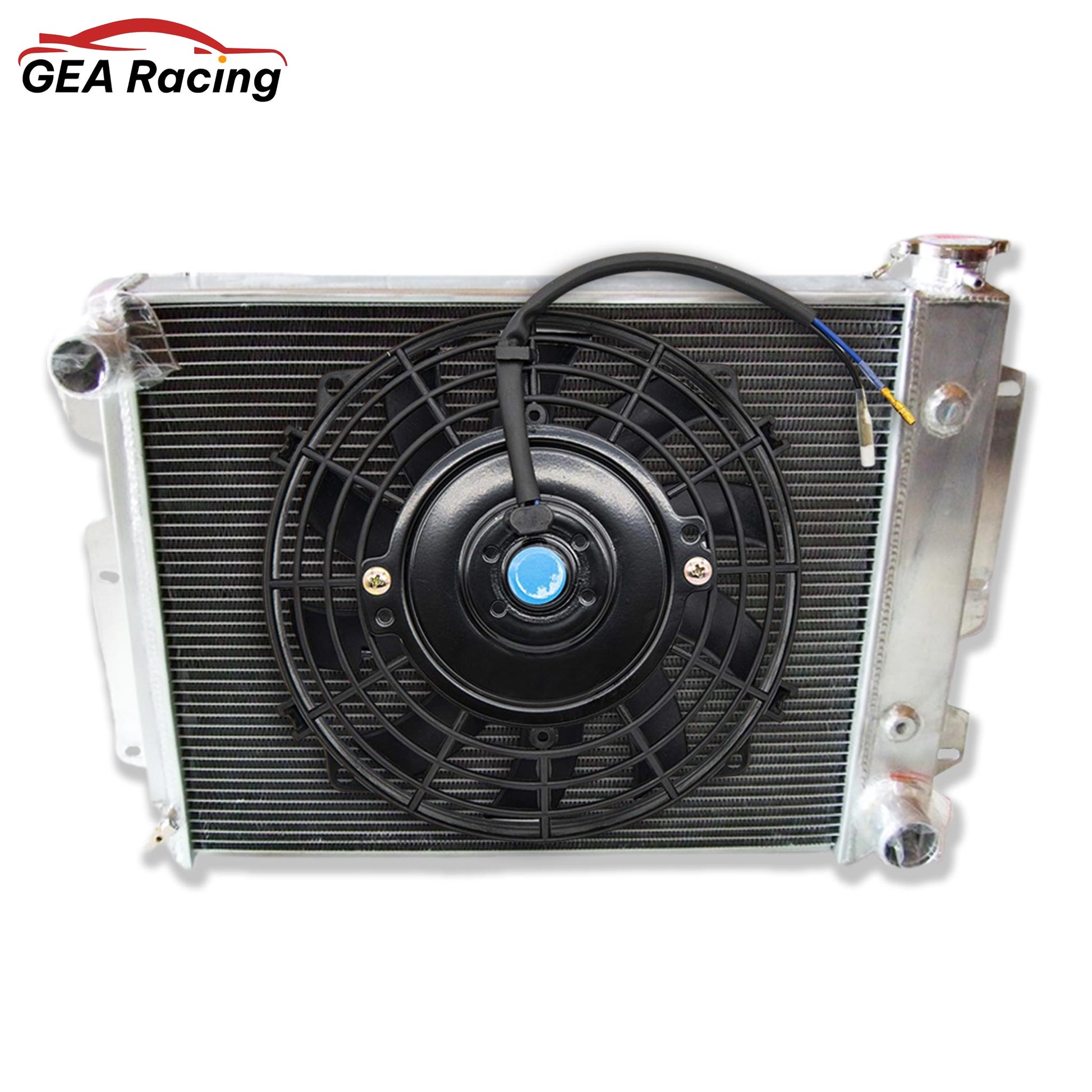 Complete cooling system: aluminum radiator with dual high-CFM fans and shroud for a Jeep Wrangler YJ/TJ V8 swap.