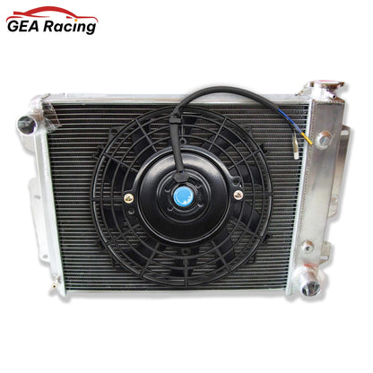 Complete cooling system: aluminum radiator with dual high-CFM fans and shroud for a Jeep Wrangler YJ/TJ V8 swap.
