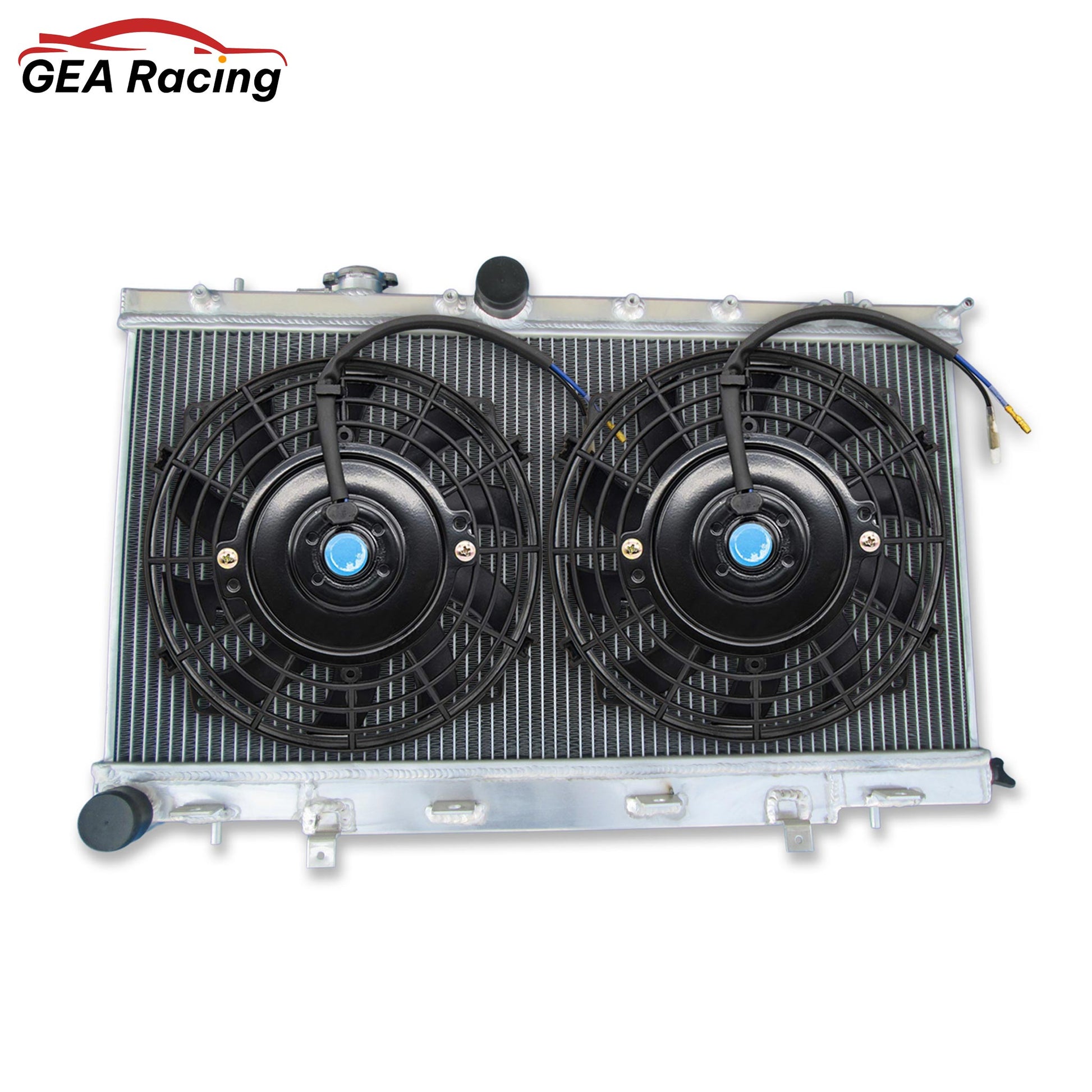 Top-down view of the radiator and fan assembly for a Subaru WRX/STI, showing the custom-fit shroud and mounting points.