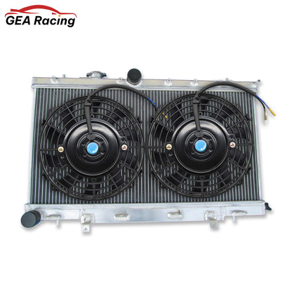Top-down view of the radiator and fan assembly for a Subaru WRX/STI, showing the custom-fit shroud and mounting points.