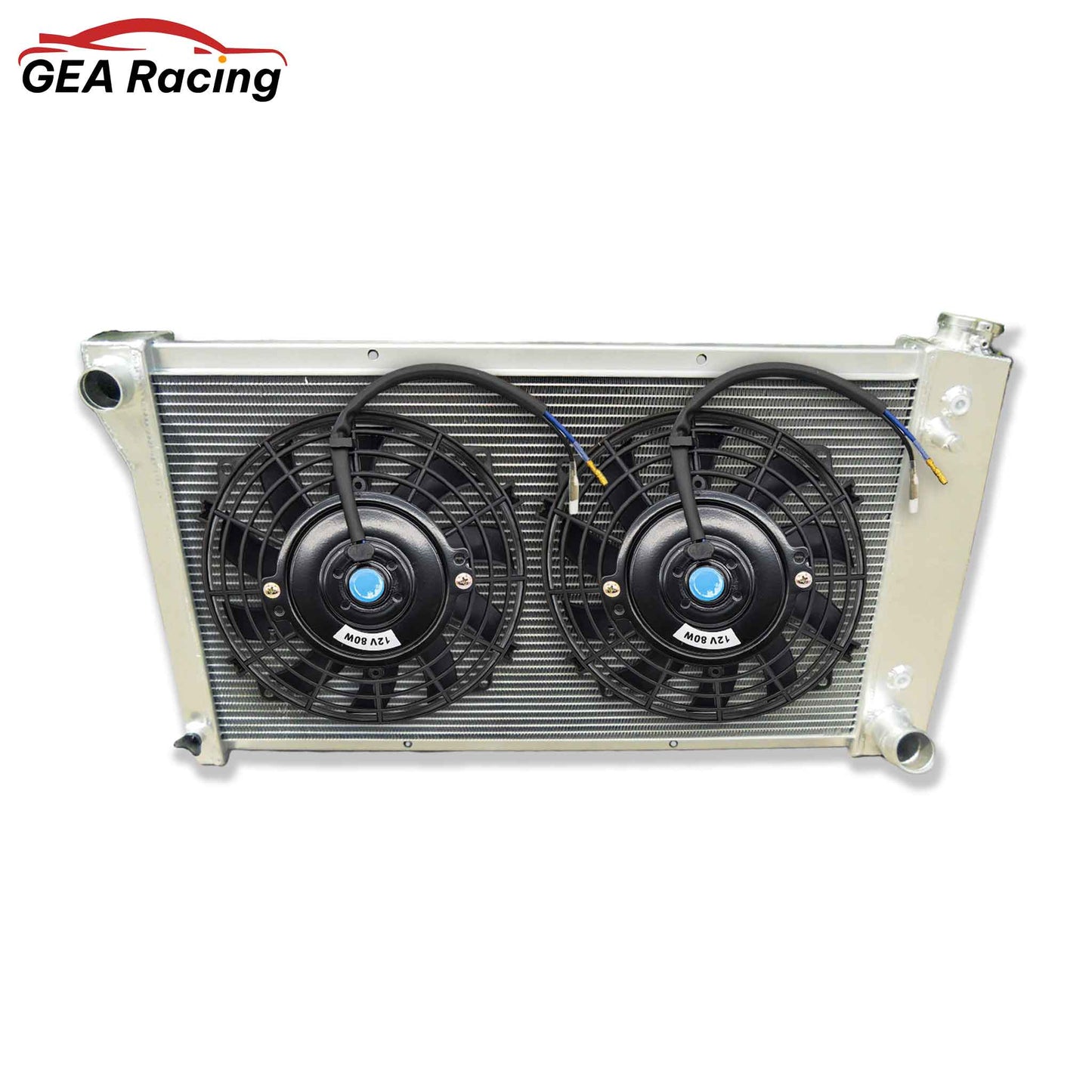 The optional aluminum radiator and fan shroud kit for 67-72 Chevy C/K trucks, with dual electric fans for maximum cooling.