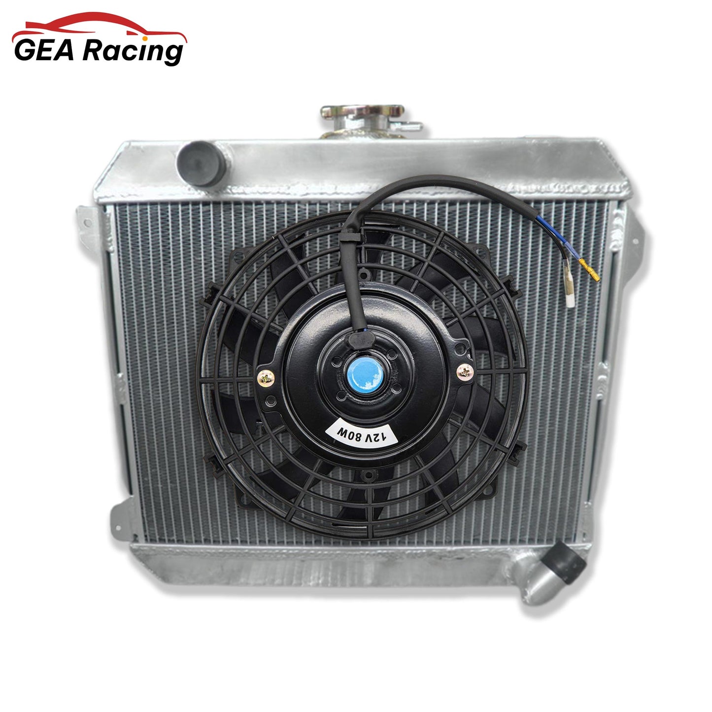 The optional aluminum radiator and fan shroud kit for Datsun L20B applications, with a high-performance slim electric fan.