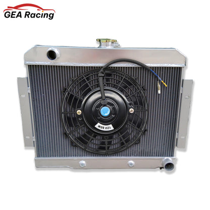 The optional aluminum radiator and fan shroud kit for a V8-swapped Jeep CJ, featuring a high-CFM electric fan for maximum cooling.