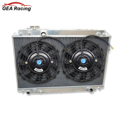 The optional aluminum radiator and fan shroud kit for the Lexus SC300/Soarer, featuring dual slim fans to replace the stock clutch fan.