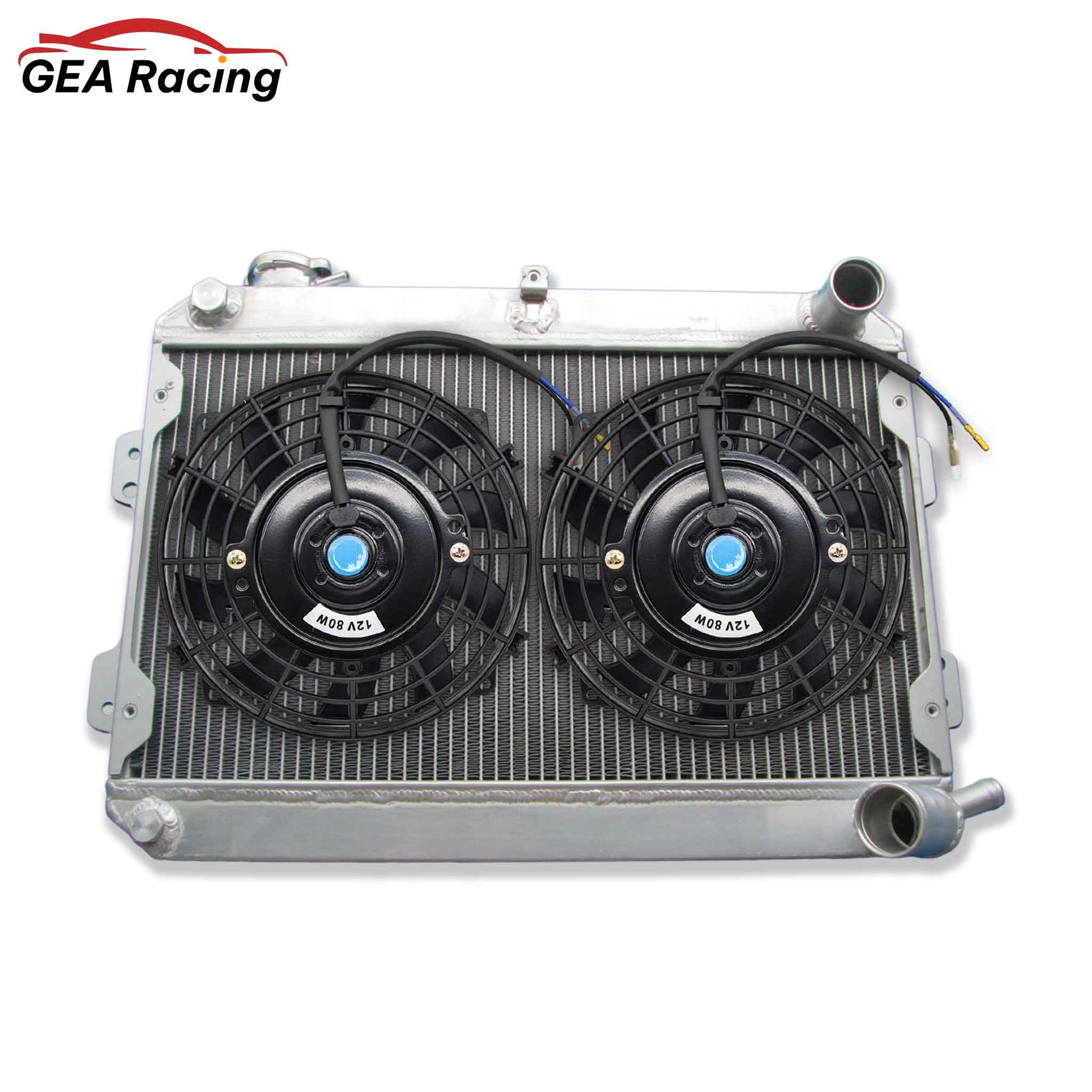 The complete aluminum radiator and fan shroud kit for the Mazda RX-7 12A/13B, with a high-performance electric fan for consistent rotary engine cooling.