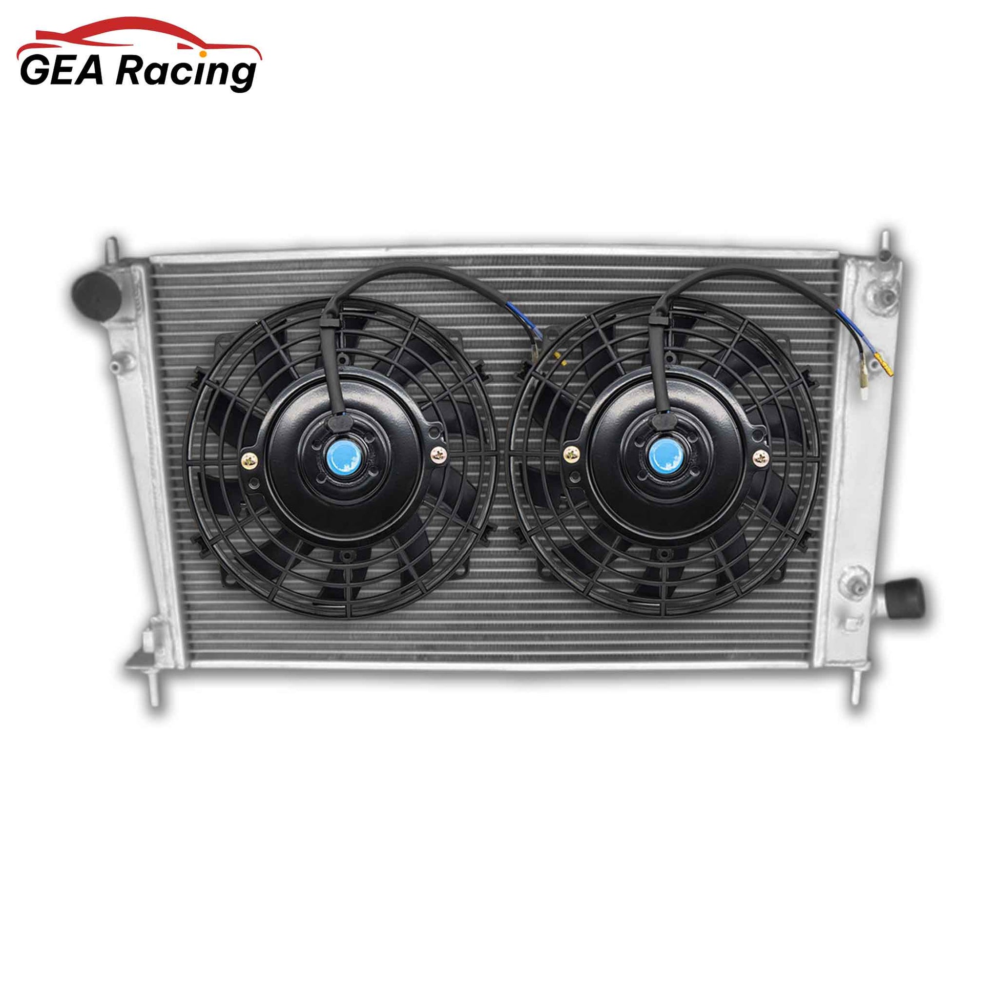 The optional aluminum radiator and fan shroud kit for the SAAB 9-5, featuring high-performance slim electric fans for maximum cooling efficiency.