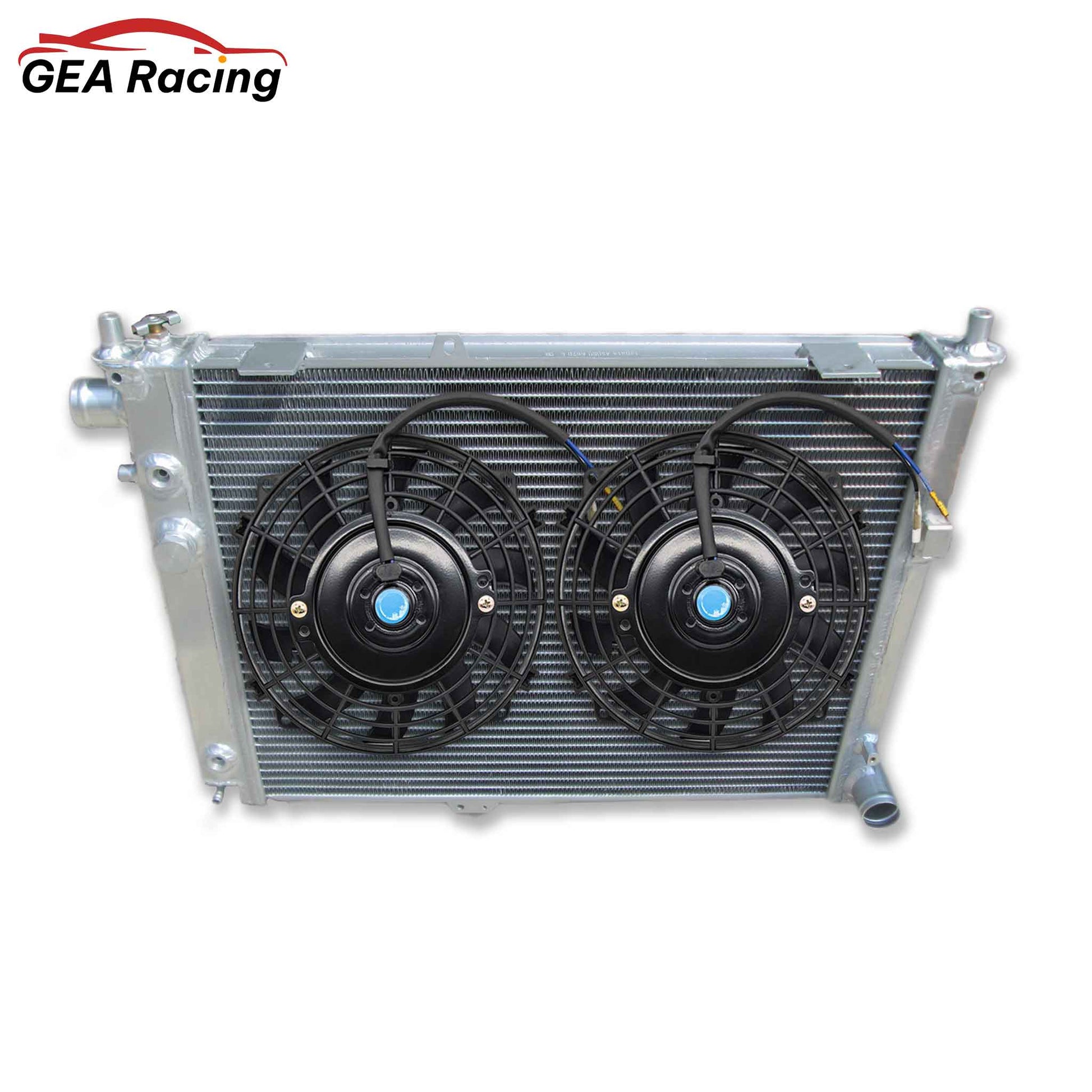 The optional aluminum radiator and fan shroud kit for the SAAB 9000, featuring high-performance slim electric fans for maximum cooling efficiency.