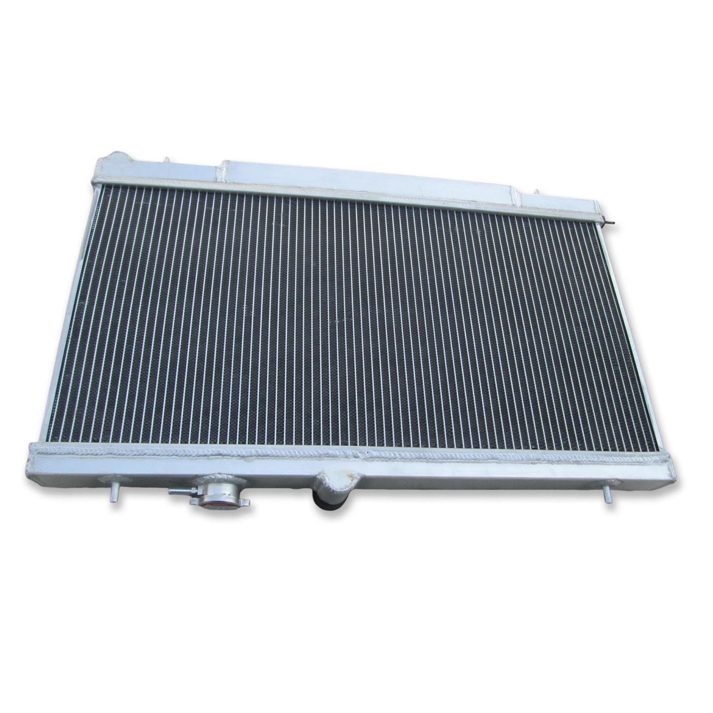 Back view of the aluminum radiator and fan kit for a Subaru WRX STI, showing the dual high-CFM electric fans.