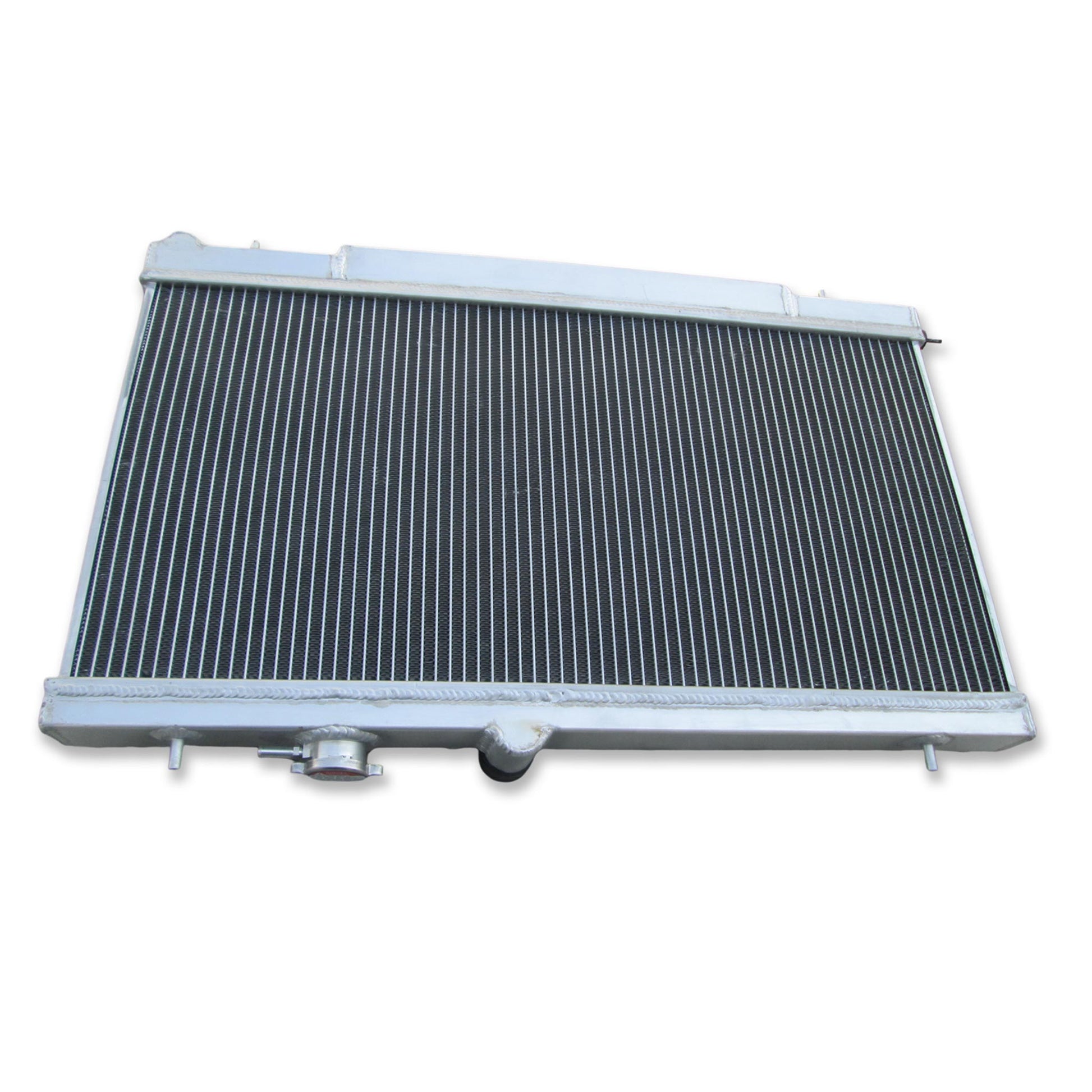Back view of the aluminum radiator and fan kit for a Subaru WRX STI, showing the dual high-CFM electric fans.