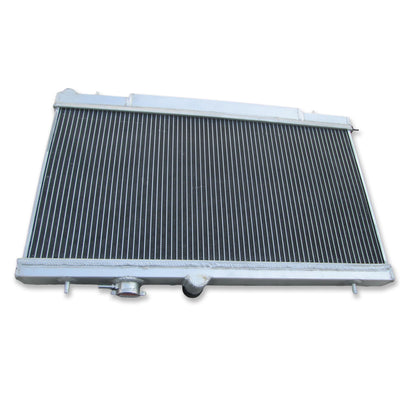 Back view of the aluminum radiator and fan kit for a Subaru WRX STI, showing the dual high-CFM electric fans.