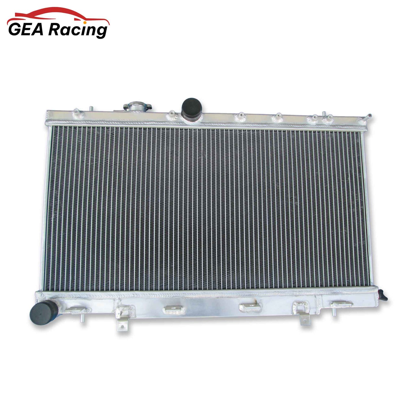 Front view of the complete aluminum radiator, shroud, and dual fan kit for a 2002-2007 Subaru Impreza WRX STI.