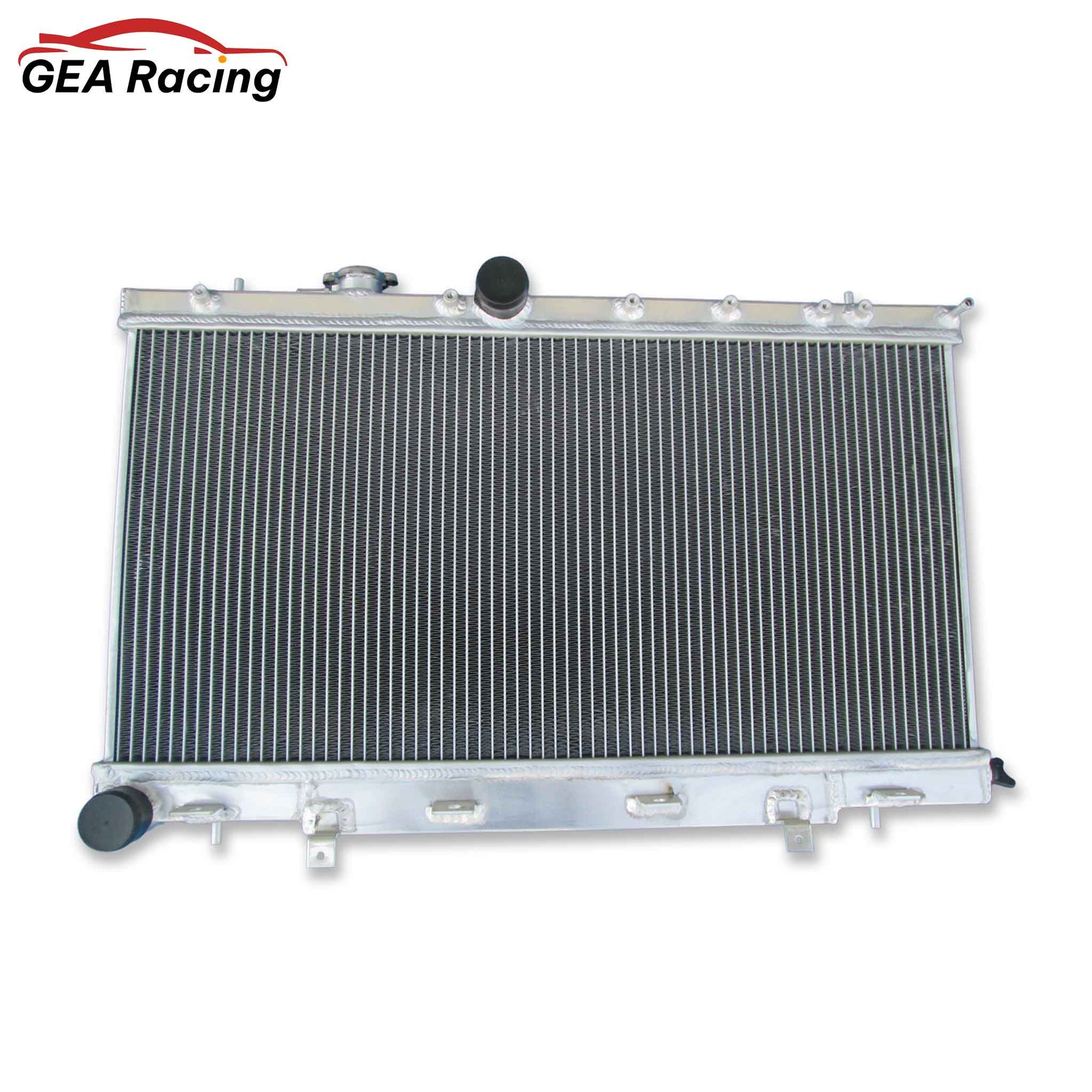 Front view of the complete aluminum radiator, shroud, and dual fan kit for a 2002-2007 Subaru Impreza WRX STI.