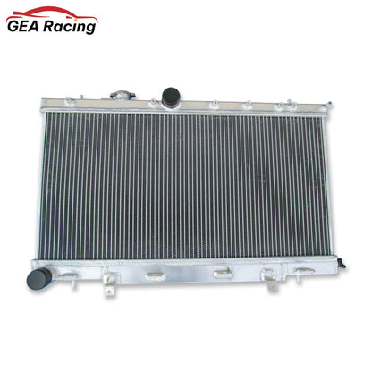 Front view of the complete aluminum radiator, shroud, and dual fan kit for a 2002-2007 Subaru Impreza WRX STI.