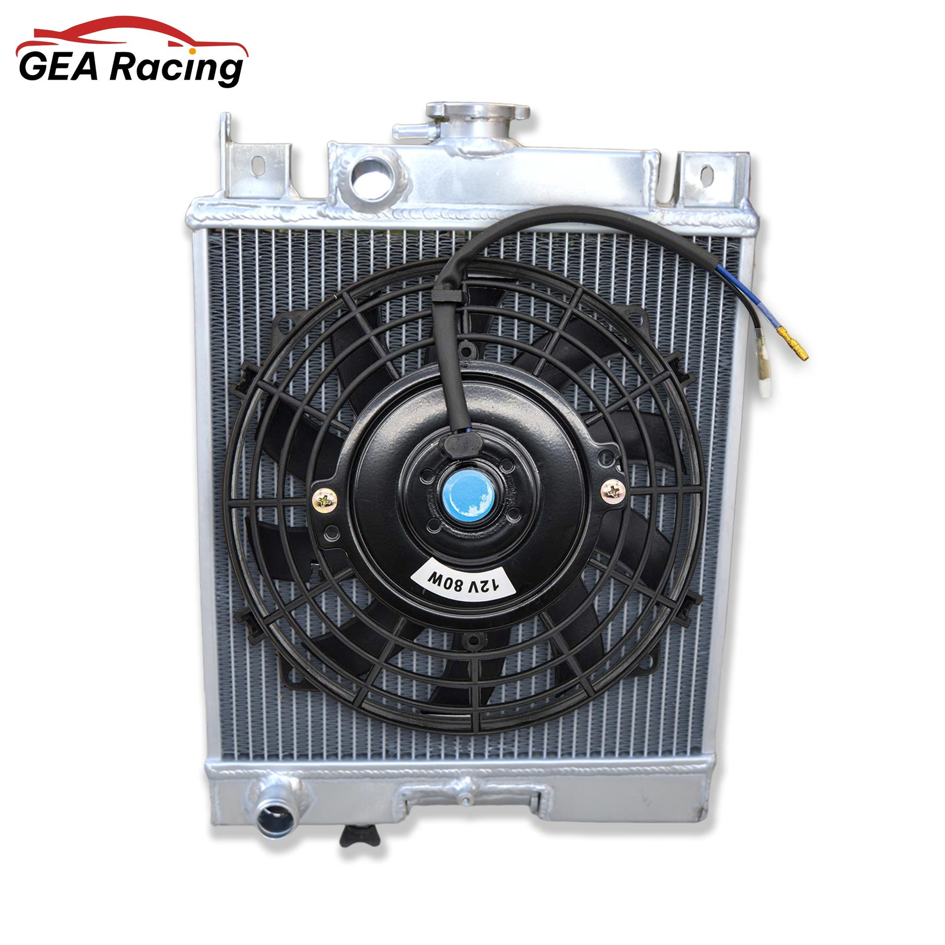 The complete aluminum radiator and fan shroud kit for the Suzuki Swift/Geo Metro, featuring a high-performance slim electric fan for consistent and reliable cooling.