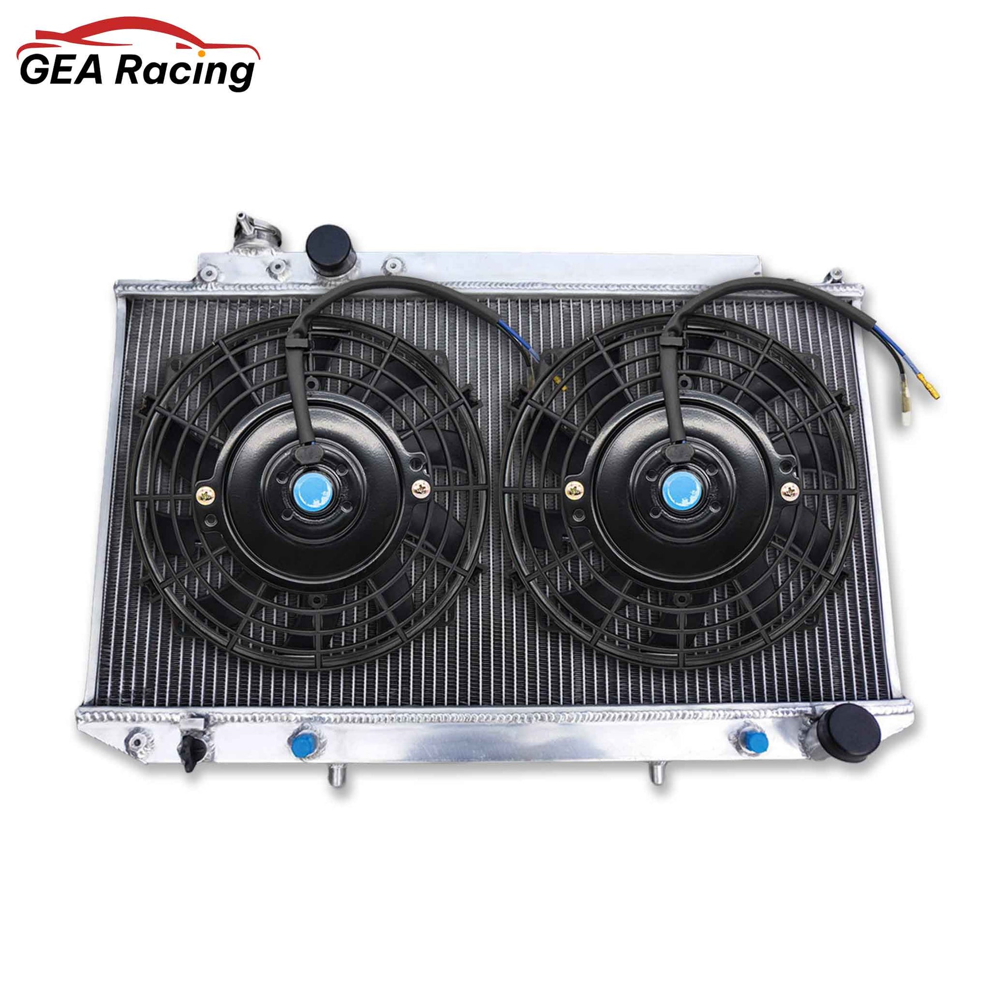 The complete aluminum radiator and fan shroud kit for the Toyota Cressida MX83, including dual high-performance electric fans for maximum, consistent cooling.