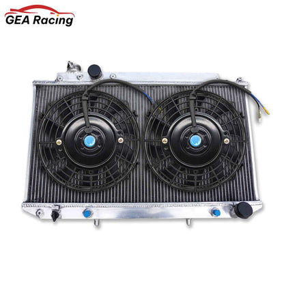 The complete aluminum radiator and fan shroud kit for the Toyota Cressida MX83, including dual high-performance electric fans for maximum, consistent cooling.