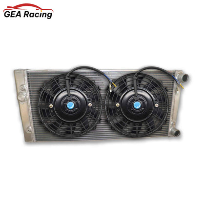 The complete aluminum radiator and fan shroud kit for the VW Golf MK3, featuring dual high-performance slim electric fans for maximum cooling.