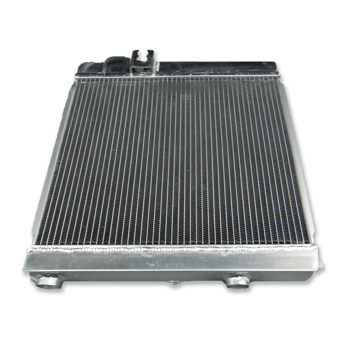 Rear view of the aluminum radiator for the BMW E30 M3, showing the direct-fit mounting points for the S14-powered chassis.