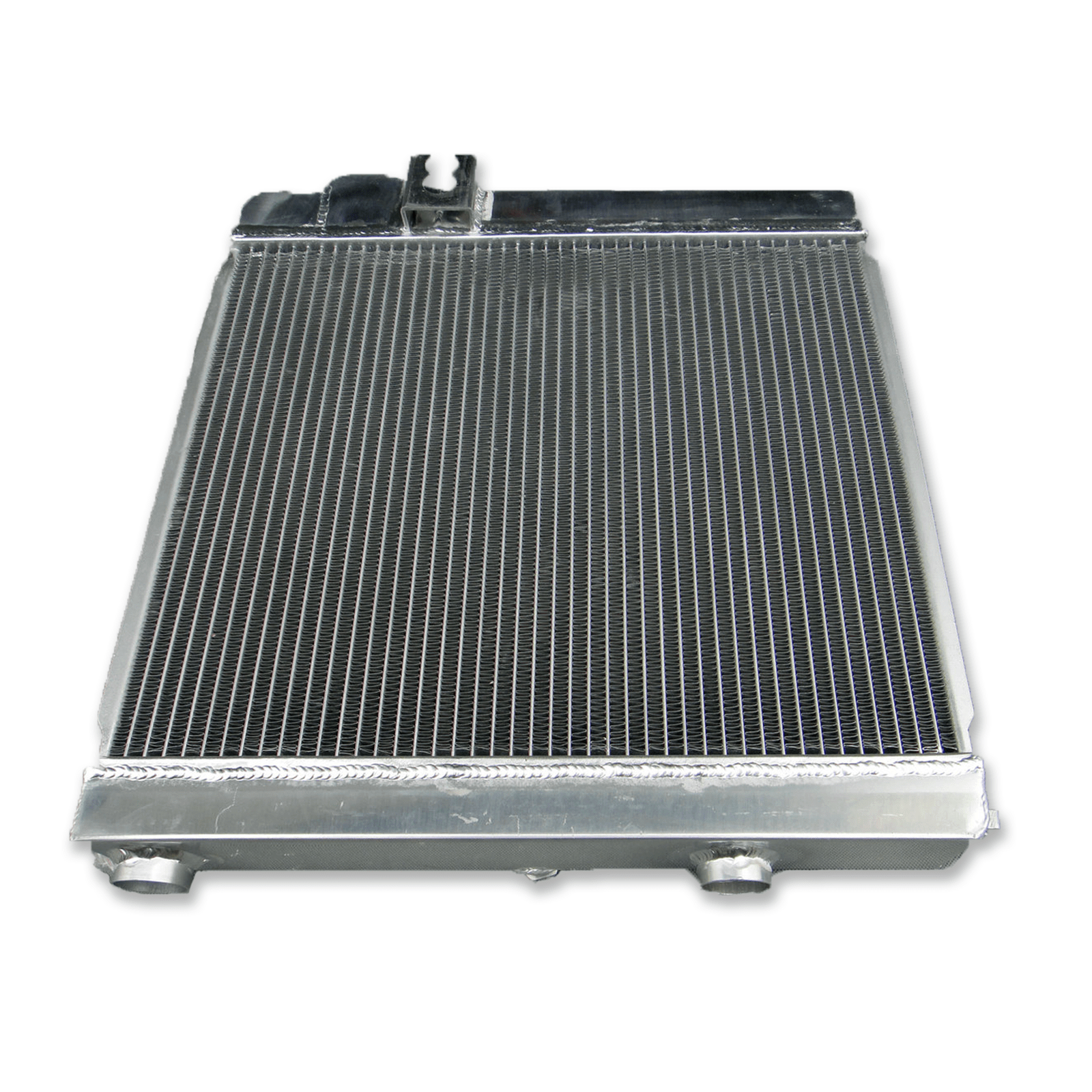 Rear view of the aluminum radiator for the BMW E30 M3, showing the direct-fit mounting points for the S14-powered chassis.
